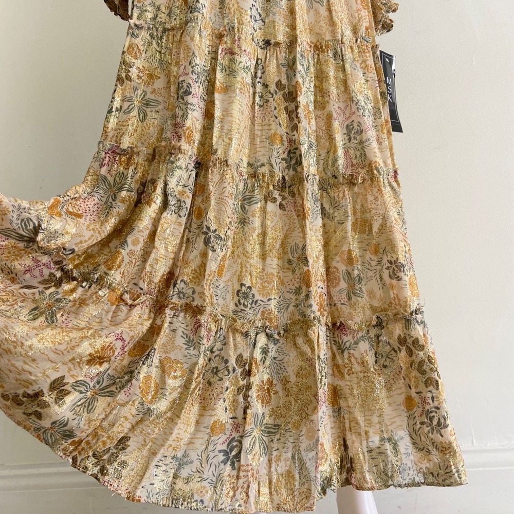 MSK Metallic Gold Floral Tiered Maxi Dress 93467194Q size M NEW - Picture 8 of 14